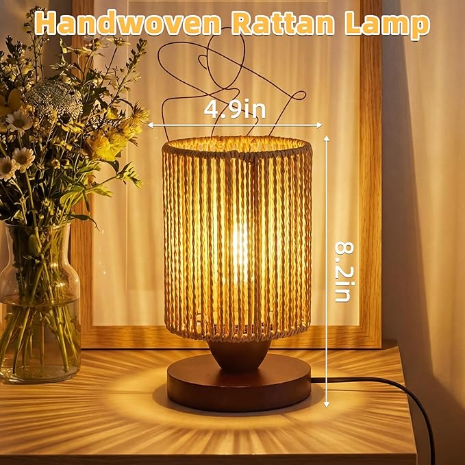 Rattan Table Lamp, Boho Bedroom Bedside Small Lamps with Warm White LED Bulb, Vintage Wooden Nightstand Nightlight, Rustic Handmade Woven End Desk Lamps for Bedroom Living Room Study Kids Room
