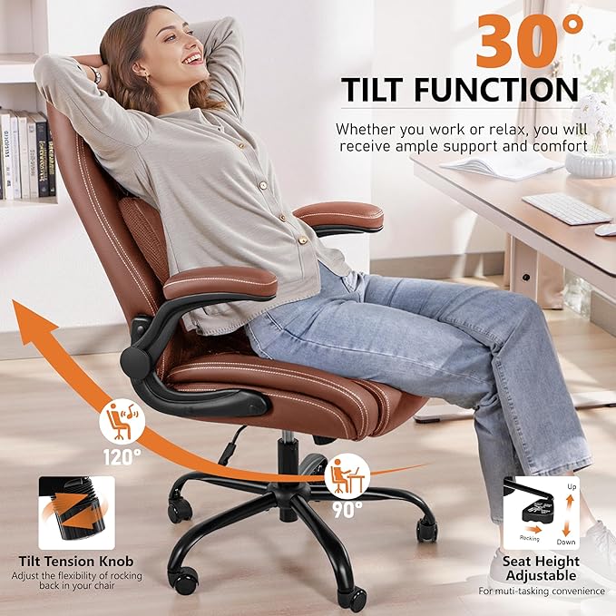 BESTFAIR Office Chair, Ergonomic Computer Desk Chairs with Lumbar Support for Lower Back Pain Relief, Executive Leather Home Chair Comfy with Padded Flip-up Armrests, Brown, 4-Pack