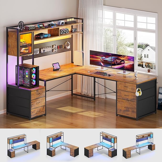 SEDETA L Shaped Gaming Desk with 6 Drawers, Reversible Computer Office Desk with File Drawer, Hutch, Storage Shelves, Gaming Corner Desk with Led Lights, Power Outlet for Two Person, Rustic Brown