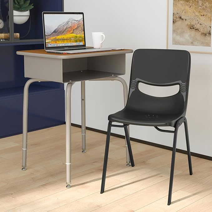 EMMA + OLIVER Jacobs Desk/Stackable Ergonomic Chair Set, Flex Comfort Seat Back, Adjusting Desk Legs, Metal Open Front Storage Box, Walnut Desktop/Black Chair