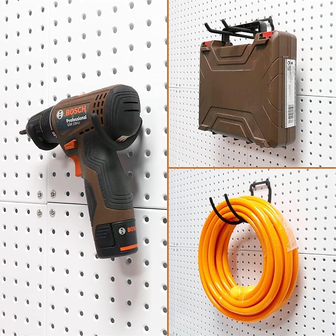 HUHOLE 10-Pack Heavy Duty Pegboard Hooks for Power Tools & Garage Organization, Vinyl-Coated Steel Drill Holders & Utility Hangers, Fits Standard 1/4" Pegboards (Black) | Heavy Duty, for Power Tools, Drill, Hammer, Cord