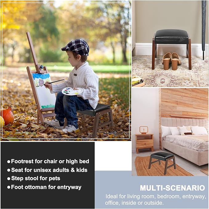 Small Foot Rest Ottoman, 11.8" H PU Leather Rectangle Foot Stool with Non-Skid Wood Legs, Small Foot Step Footstool Sofa Footrest for Couch, Desk, Office, Black
