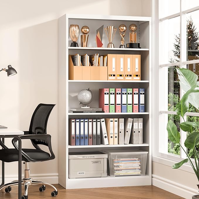 Metal Bookcase and Bookshelf, 66 in Tall Heavy Duty Bookshelf with 4 Adjustable Storage Shelves, Large Deep Bookcase for Home, Library, Office, Bedroom, School, White
