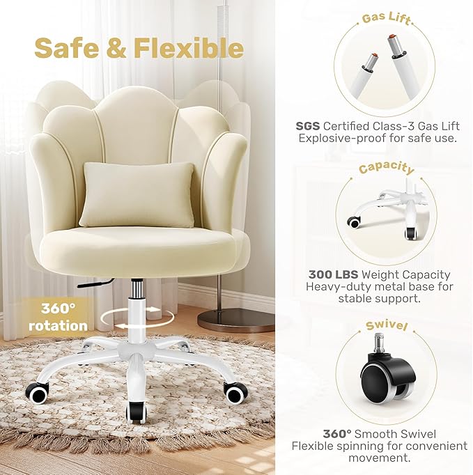 BestGlory Petal Vanity Chair with Wheels, 3.15" Extra Thick Comfy Makeup Chair, Adjustable Modern Swivel Armless Desk Chair for Girls Women, Aesthetic Small Office Chair for Bedroom Dorm