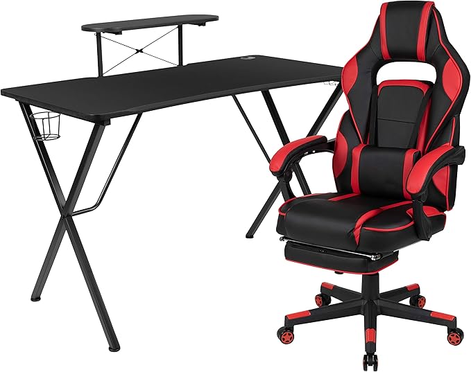 Flash Furniture Optis Black Gaming Desk with Cup Holder/Headphone Hook/Monitor Stand & Red Reclining Back/Arms Gaming Chair with Footrest