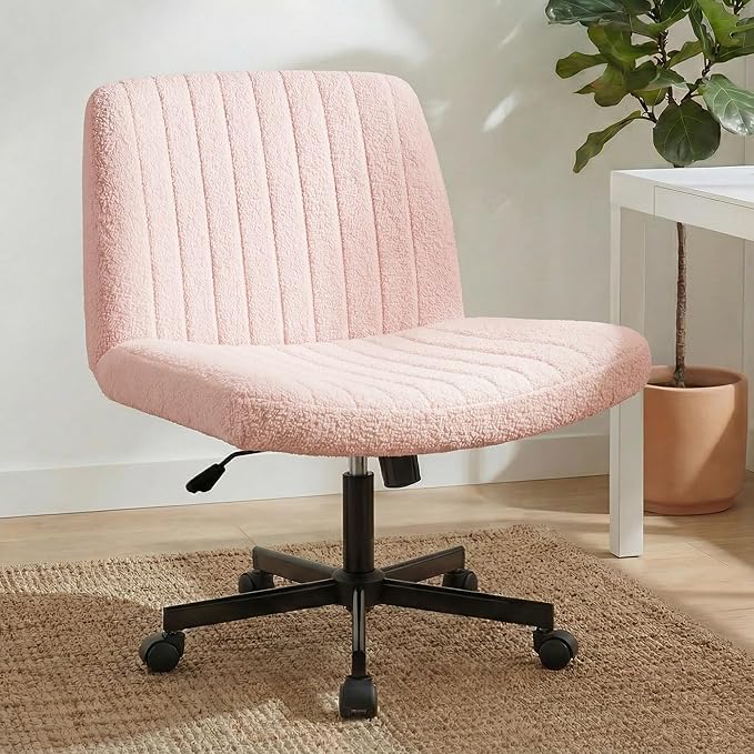 Orange Factory Criss Cross Chair Wheels Vanity Chair Office Desk Comfy Wide Cross Legged Armless Teddy Fabric Adjustable Swivel for Home Computer Task (Pink, Teddy Fleece)