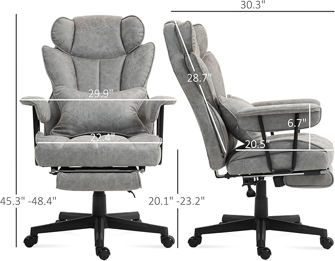 HOMCOM Massage Executive Office Chair with 6 Vibration Points, 400LBS Heated Big and Tall Office Chair with Foot Rest and Lumbar Support, Microfiber Reclining Computer Desk Chair, Gray