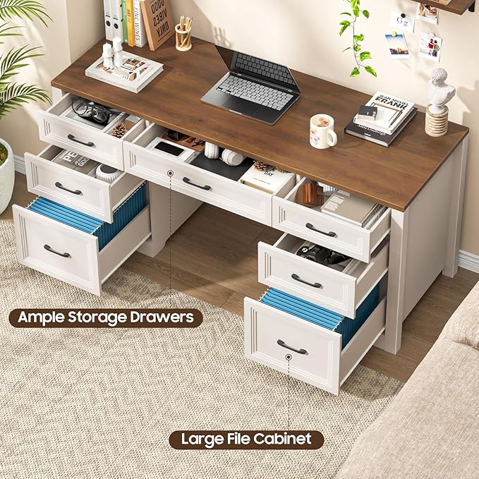 Vabches Farmhouse Executive Desk, Wood Home Office Desk with 2 Large File Drawers and 5 Storage Cabinets, Rustic Writing Desk for Work and Study, Brown