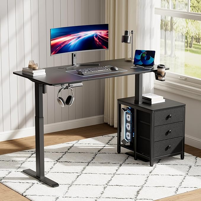 REAHOME Electric Standing Desk with Drawers, 55 x 24 Inches Height Adjustable Sit Stand Desk with Storage, 3 Memory Preset Home Office Computer Desk, Printer Cabinet, 2 Hooks, Cable Management, Black