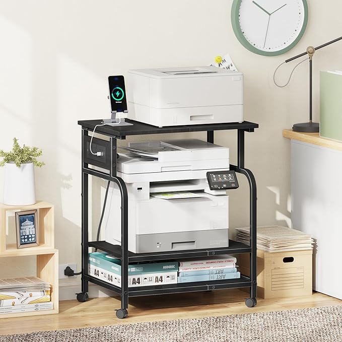 YAOHUOO 3 Tier Large Printer Stand with Power Outlet/Adjustable Storage Shelf, Rolling Cart with Wheels, Printer Table for Home Office 3D Printer/Heat Press/Laster, 22"×15" Black