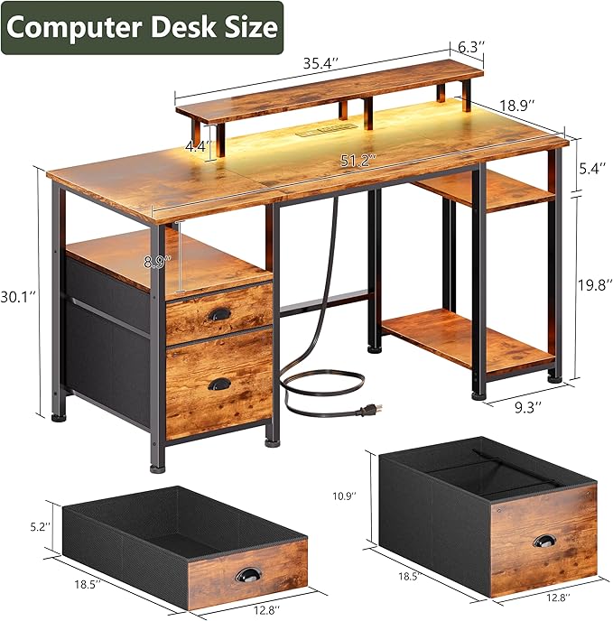 Furologee 51" Computer Desk with Power Outlet and LED Lights, Reversible Home Office Desk with File Cabinet & Monitor Stand, Large Gaming Table with Storage Shelves & Drawer, Rustic Brown