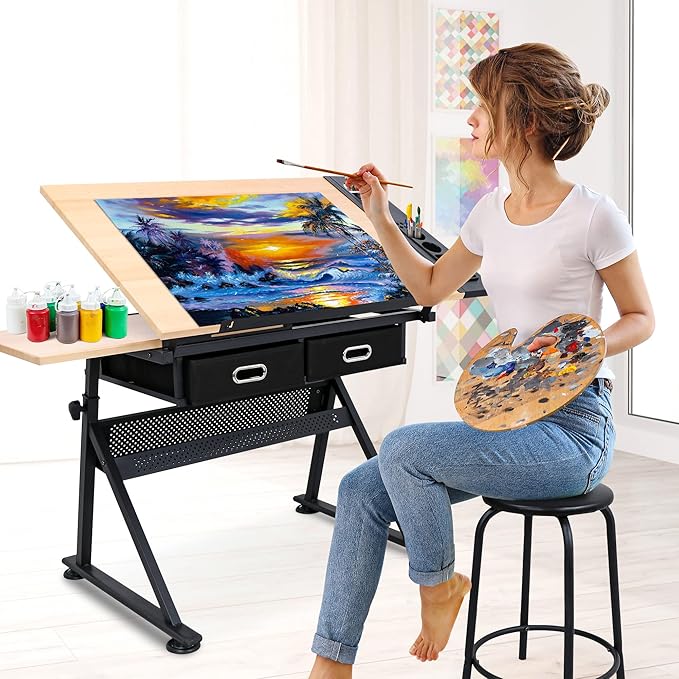 NOVA MICRODERMABRASION Adjustable Height Drafting Desk Drawing Table Tiltable Tabletop for Reading, Writing Art Craft w/Stool and Drawers