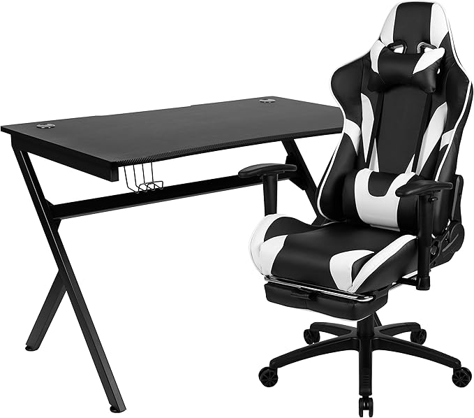 Flash Furniture Optis Black Gaming Desk and Black Footrest Reclining Gaming Chair Set with Cup Holder, Headphone Hook & 2 Wire Management Holes