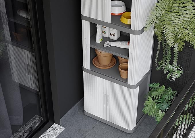Terry, Rolling Space Cab 2, Indoor and Outdoor 2-Compartment Cabinet with Two Sliding Doors, 2 Adjustable Internal Shelves, Grey, in Recycled Plastic, Dimensions: 59x36x115 cm