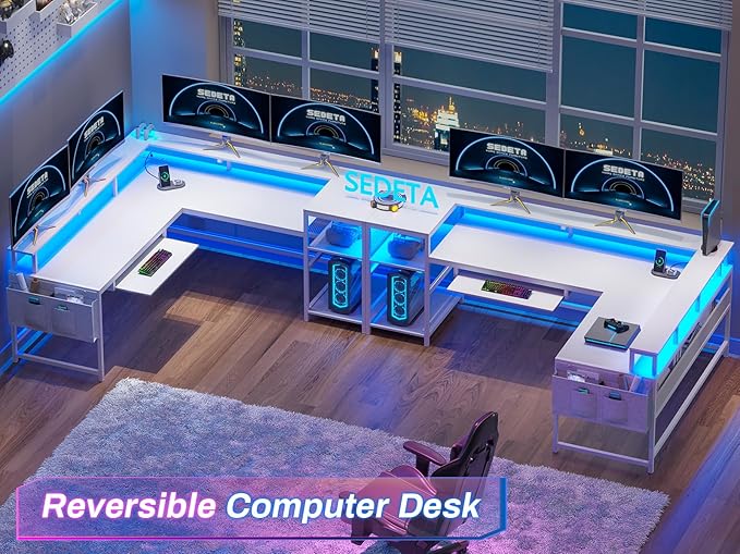 SEDETA L Shaped Gaming Desk, Reversible Computer Desk, Gaming Desk with Power Outlets & LED Strip, Monitor Shelf, Keyboard Tray, Pegboard and Storage Shelves for Home Office, White