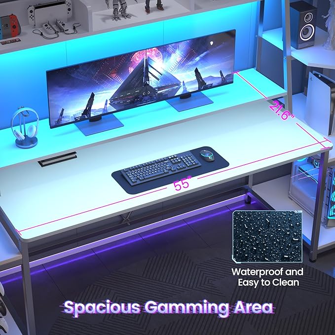SEDETA White Gaming Desk 78.8'' with LED Lights, Hutch and Storage Shelves, Computer Desk with Monitor Stand, Large PC Gamer Desk Workstation, Ergonomic Gaming Table for Bedroom, Living Room
