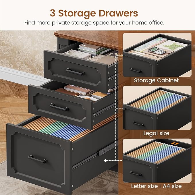 SEDETA Farmhouse L Shaped Desk with Hutch, 67" Executive Home Office Desks with 4 Drawers & Storage Cabinet, Corner Computer Desk with Sliding Doors, File Drawer & Power Outlet, Black+Brown