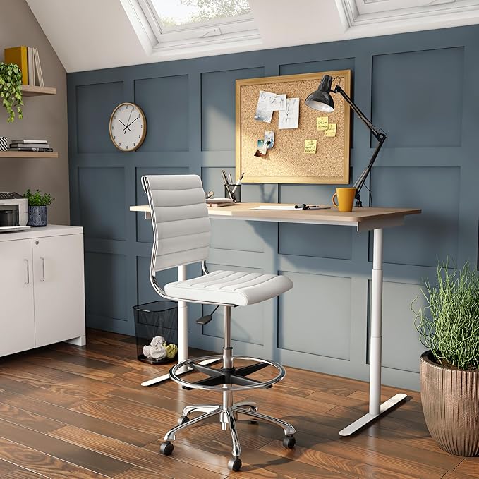 Euro Style Axel Adjustable Height Drafting Stool | Modern Ribbed Multi-Purpose Office Style | Leatherette Over Foam Seat and Back | 360° Swivel with Footrest | White with Aluminum Base