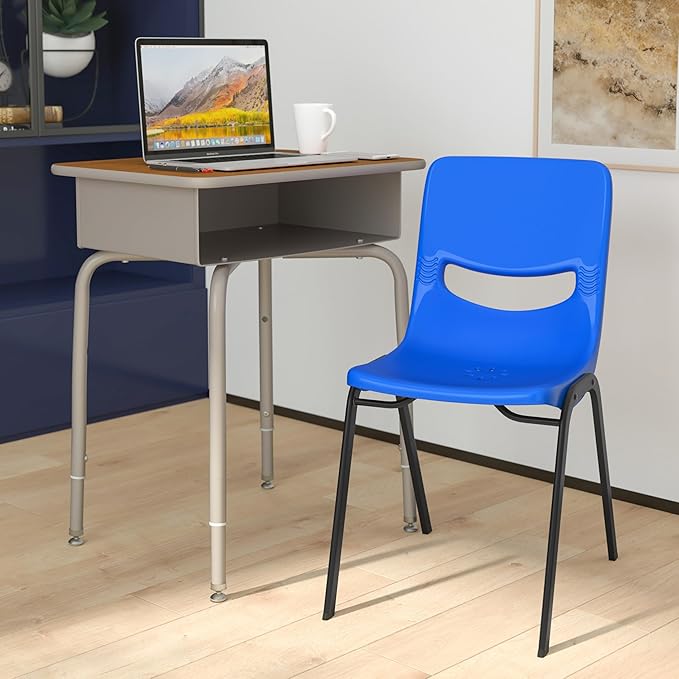 EMMA + OLIVER Jacobs Desk/Stackable Ergonomic Chair Set, Flex Comfort Seat Back, Adjusting Desk Legs, Metal Open Front Storage Box, Walnut Desktop/Navy Chair