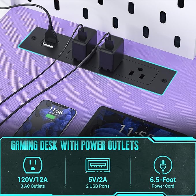 Besiost Gaming Desk with Hutch and LED Lights, Gaming Computer Desk with Power Outlets, Gamer Desk with Storage Shelves, PC Gamings Desk with Pegboards for Bedroom, Carbon Fiber Purple, 49"