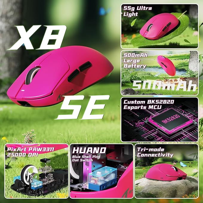 ATTACK SHARK X8 SE Wireless Gaming Mouse,55g Ultra-Lightweight Wired/BT/2.4GHz Wireless Programmable Mouse,1K Polling Rate,PixArt PAW3311 Gaming Sensor,25000 DPI,Gamer Mice for PC/Win/Mac (Berry)