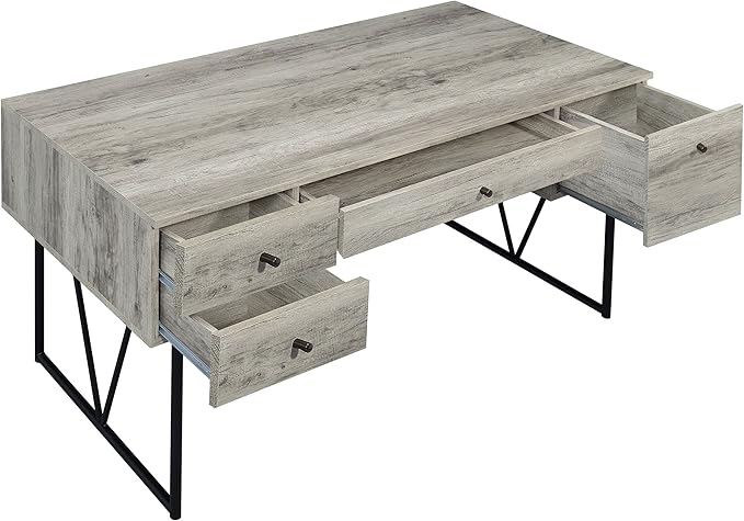 Rustic Industrial Writing Desk with 4 Drawers 63" Wide Sonoma Grey Driftwood Finish Computer Desk Sturdy Metal Frame Office Desk for Home Office Study Student & Gaming Setup