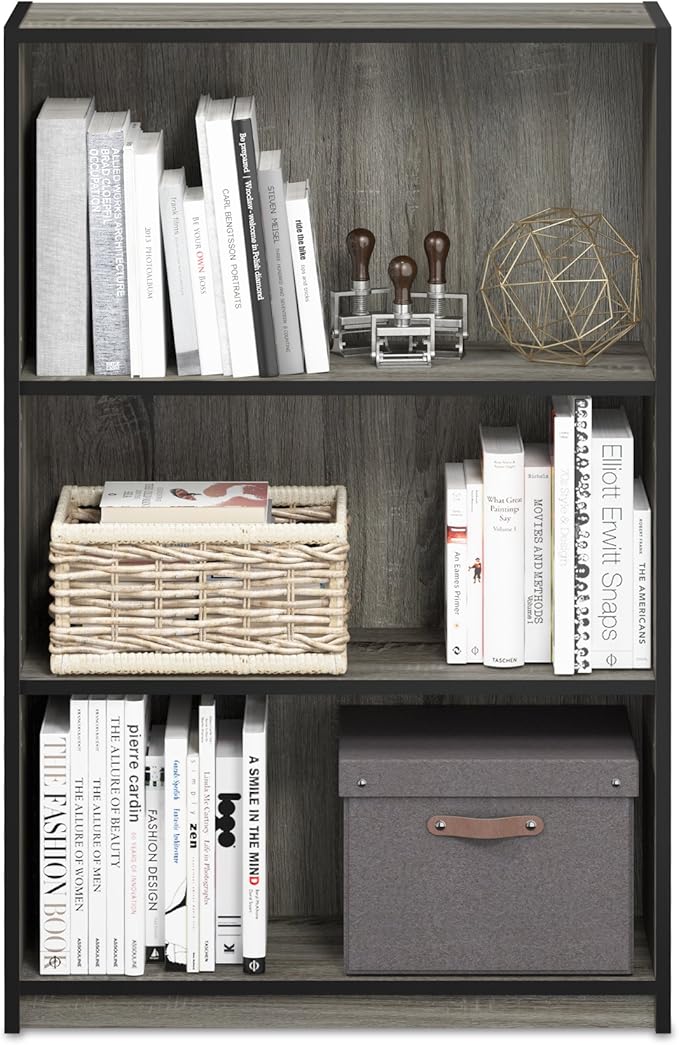 Furinno Jaya Book Shelf, 3-Tier Bookshelf, Standing Bookcase with Adjustable Shelves, 9.5 x 24.5 x 40.3, for Organization and Storage, for Living Room, Bedroom, Home Office, Grey Oak