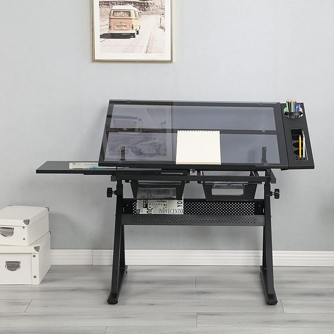 Tempered Glass Drafting Printing Table with Chair and Two Drawers,Desk W/Tilted Tabletop & Adjustable Legs,for Home,Office,School,Easy to Assemble,Black