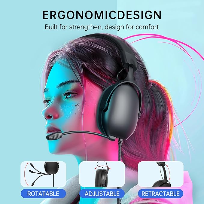 Gaming Headsets with Mic,7.1 Surround Sound Gmaing Headphones with Noise Cancelling Microphone for Xbox,PS4,PS5,Switch,PC,50MM Dynamic Drivers, 3.5MM Audio Jack-Black