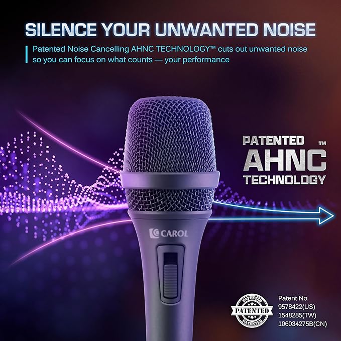 CAROL AC-900S XLR Wired Vocal Microphone – Dynamic Supercardioid Mic with AHNC Dual-Engine Noise Cancelling Tech for Singing, Karaoke, Stage & Studio, Includes Mic Clip, 14.8ft Cable & Switch - Gray