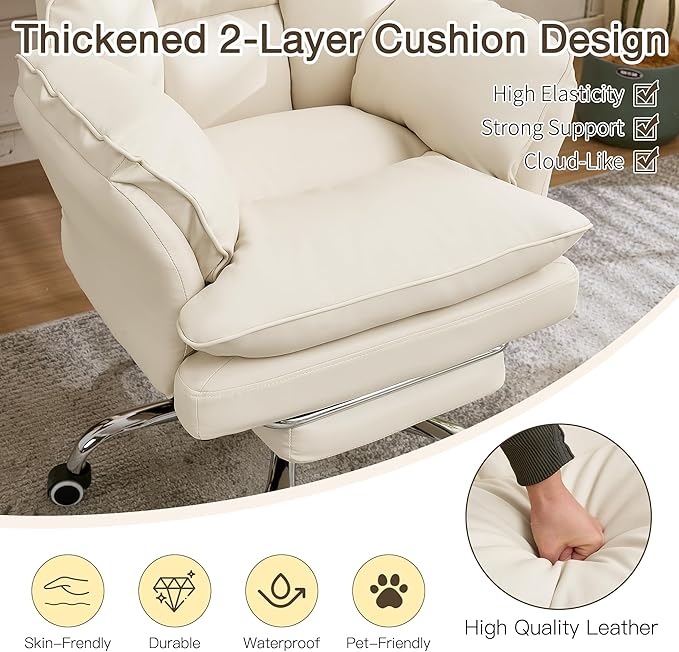 Ergonomic Cloud Cross Legged Office Chair with Footrest,Leather Big and Tall Executive Chair with Wheels,Reversible Armrest,155° Reclining Computer Wide Desk Chair for Home,Office (Beige)