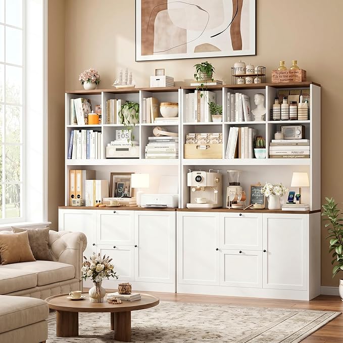 HIFIT 72'' Tall File Bookcase with Power Outlet & Printer Stand, 2 Drawer Filing Cabinets for Home Office Fit Hanging A4 File, Storage Cabinet w/ 3 Tier Open Book Shelf & Doors for Living Room, White
