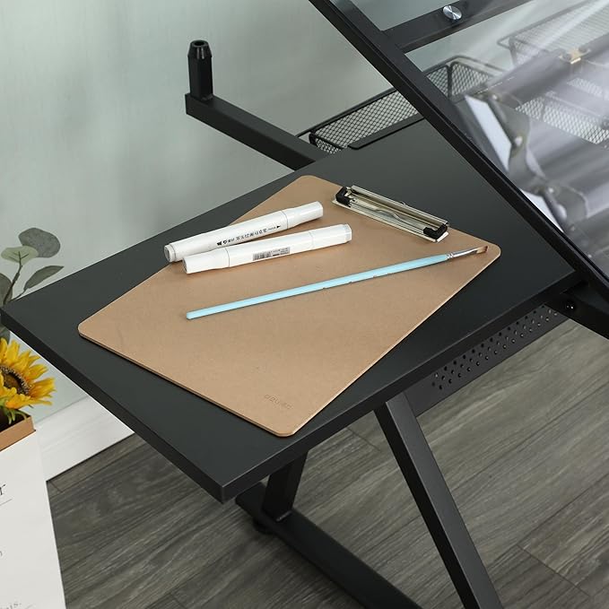 Henf Drafting Table, Height Adjustable Glass Drafting Table Art Desk with Drawers, Art Table Painting Table Art Craft Desk with 0-75° Tilting Glass Tabletop and Storage for Home Office,Black