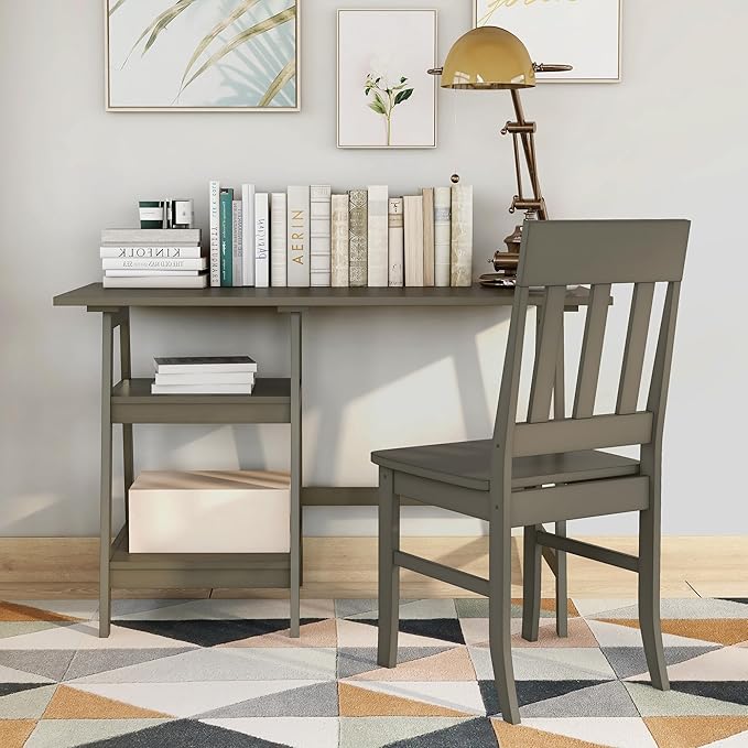 24/7 Shop at Home Myrrh Cottage 2-Piece Wood Storage Writing Desk with 2 Shelves and Chair Set for Workstation, Home Office, Study Room, Gray