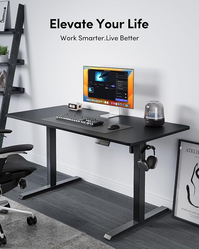 FEZIBO 48 x 24 Inchs Electric Standing Desk, Height Adjustable, Sit Stand Up, Computer Office Desk with Splice Board, Black Frame/Black Top