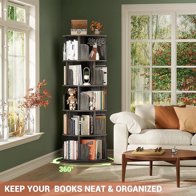 Besiost Rotating Bookshelf Tower, 5 Tier Spinning Bookcase, Revolving 360 Book Shelf Narrow Tall Bookcase, Vertical Turning Round Bookshelf Organizer, Wood Corner Book shelf for Small Space, Black Oak