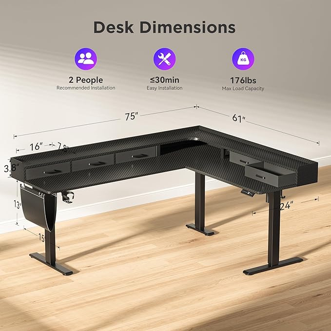 WALKINGDESK 75 Inches Height Adjustable L Shaped Standing Desk with 5 Drawers and Monitor Shelf, Electric Sit to Stand Home Office Comupter Table, Ergonomic Corner Gaming Desk, Black
