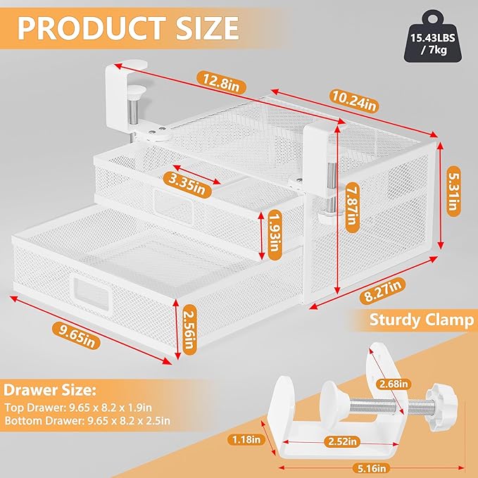 Under Desk Drawer Organizer with 2 Slide Out Drawers – No Drilling Metal Clamp-On Storage, Anti-Slip Desk Drawer Attachment for Home & Office Desktop Organization (White)