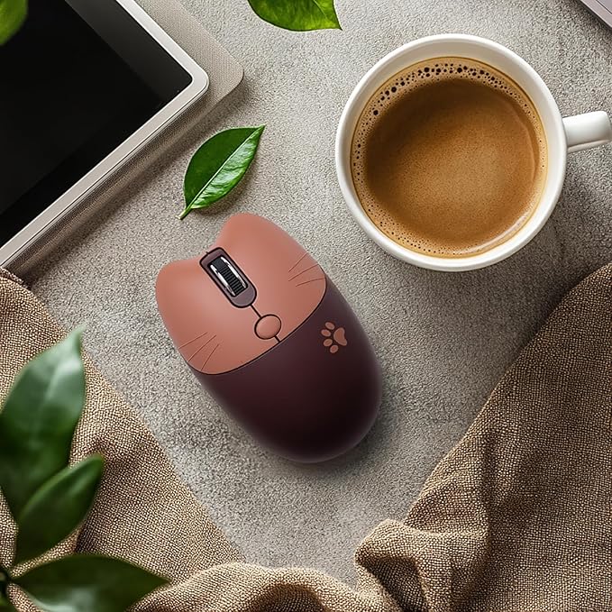 Lomiluskr Cute Cat Wireless Mouse, Lightweight Soundless Mice, 2.4G Wireless Mice, Candy Colors, Kawaii Mouse for Girls and Kids (Coffee)