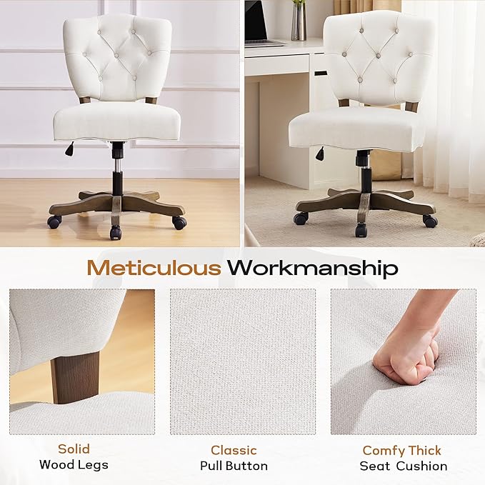 HUIMO Upholstered Swivel Desk Chair Chenille Tufted Fabric Home Office Chair with Wheels Adjustable Height Classic Task Chair with Wooden Legs Comfortable Armless Chair for Studio Study (Beige)