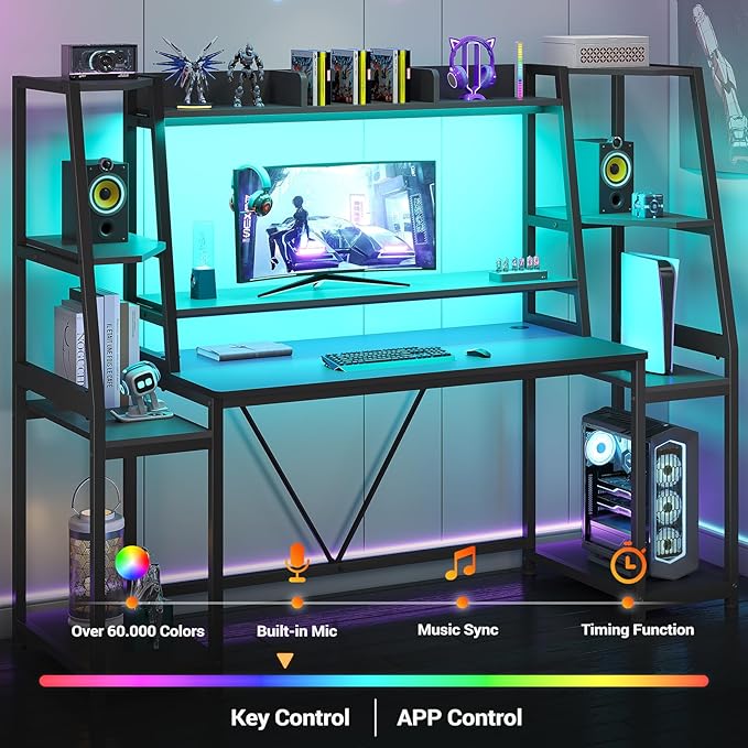 SEDETA Gaming Desk 65.7'' with LED Lights, Hutch and Storage Shelves, Computer Desk with Monitor Stand, Large PC Gamer Desk Workstation, Ergonomic Gaming Table for Bedroom, Living Room, Black
