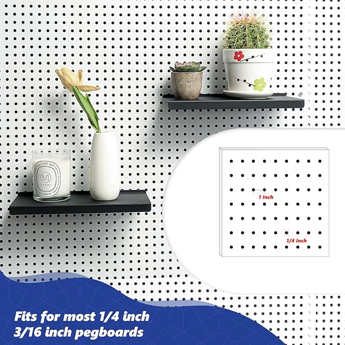PEKGRIL 10x4.3 Inch Pegboard Shelves Set of 6, Metal Peg Board Shelves Accessories, Flat Display Shelves for Pegboard, Metal Retail Display for Storage and Organization, Black