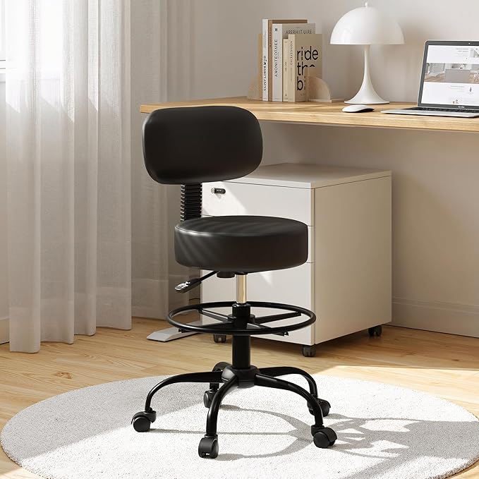 Drafting Chair with Back Support, Adjustable Foot Rest Rolling Stool, 360° Swivel Office Desk Chair with Wheels, Thick Seat Cushion for Home Bar Salon Tattoo Shop (1, Black)