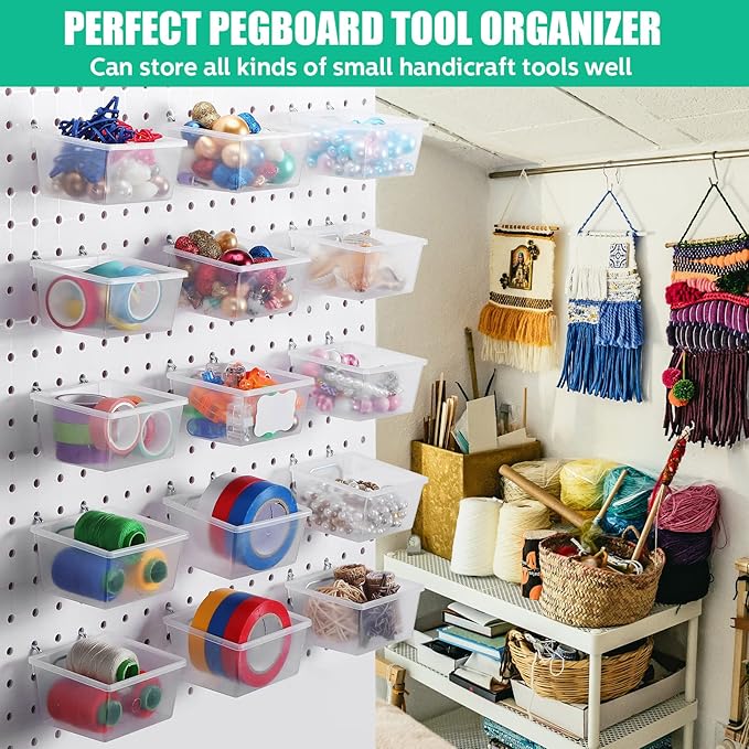 Unittype 16 Set Clear Peg Board Baskets and Bins Pegboard Baskets Organizer Accessories Peg Board Bins with Hooks Sticker Label and Pen for Office Wall Teacher Craft Supplies Garage Tool Storage