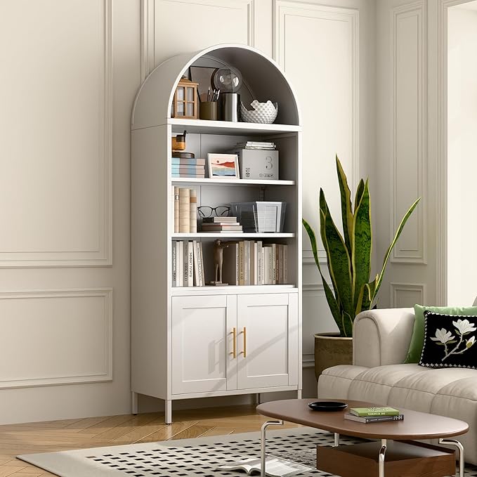 VEXPOR 73" Tall Metal Arched Bookcase with Doors, 5-Tier Arched Bookshelf with 2 Adjustable Shelves for Living Room, Home Office, Assembly Required, White, 15.35" D x 30.71" W x 72.83" H