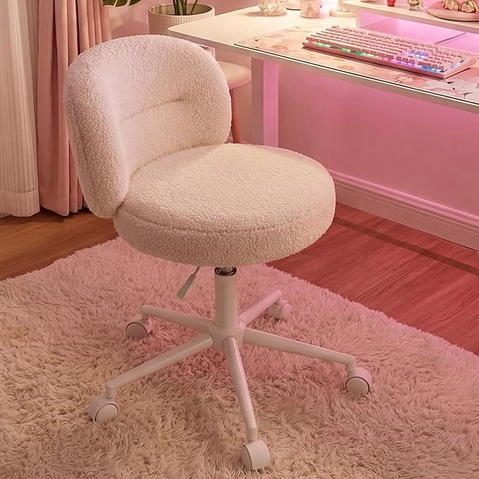 Homkdom Small Round Vanity Chair with Wheels, Armless Home Office Desk Chairs with Back, Height Adjustable & 360° Swivel, Cute Comfy Vanity Computer Chair for Bedroom, Home Office, White