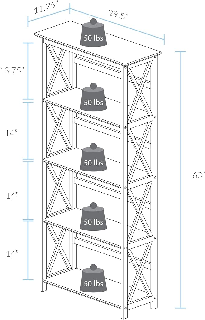 Casual Home Montego Bookcase, 5-Shelf, White,324-51