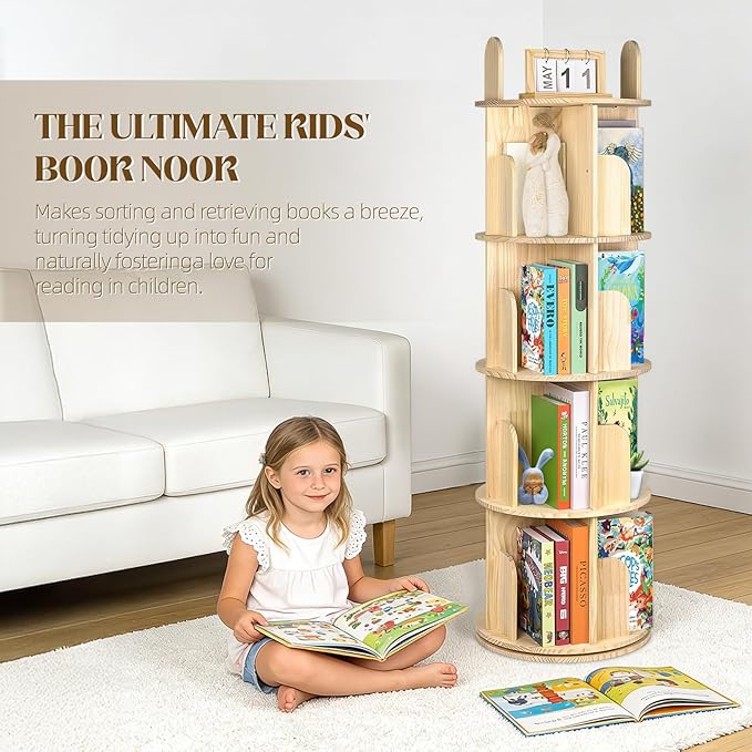 Kryonix Rotating Bookshelf for Kids, Solid Pine Wood Spinning Bookshelf Tower 3 Tier, 360° Revolving Bookcase, Multi-Functiona Corner Round Turning Book Shelf Organizer for Small Spaces