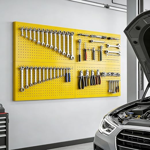 Heavy-Duty Metal Pegboard Panels 4 Pack - 24x12 Inch Reinforced Steel Wall Storage, Scratch & Rust Resistant Tool Organizer for Garage, Shed & Utility Room, Yellow