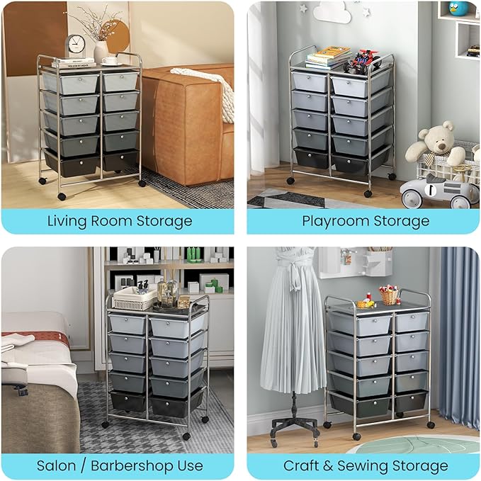 Moccha Rolling Storage Cart with 10 Drawers - Under Desk Cabinet on Wheels for Craft Art Supply Paper Salon, Scrapbook Paper Tools, Multipurpose Mobile Utility Cart for Classroom, Gradient Grey